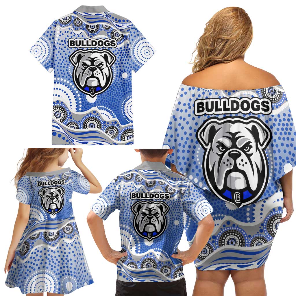 Canterbury-Bankstown Bulldogs Family Matching Off Shoulder Short Dress and Hawaiian Shirt Aboriginal Dot Pattern - Rugby Mascot Heritage Pride