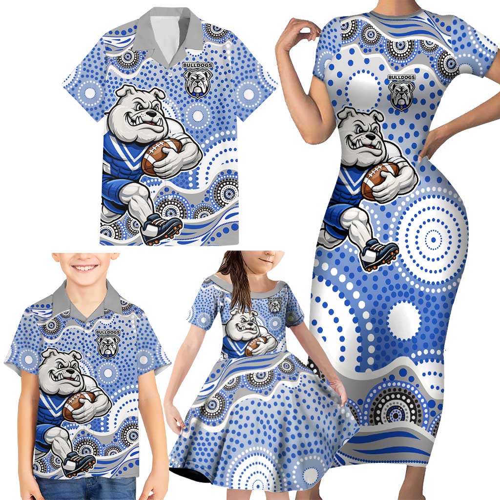 Canterbury-Bankstown Bulldogs Family Matching Short Sleeve Bodycon Dress and Hawaiian Shirt Aboriginal Dot Pattern - Rugby Mascot Heritage Pride