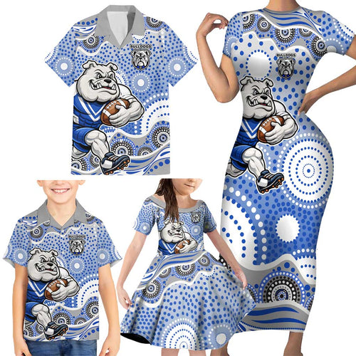 Canterbury-Bankstown Bulldogs Family Matching Short Sleeve Bodycon Dress and Hawaiian Shirt Aboriginal Dot Pattern - Rugby Mascot Heritage Pride