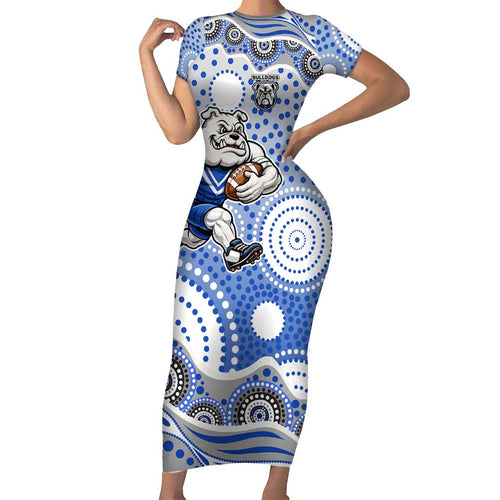 Canterbury-Bankstown Bulldogs Family Matching Short Sleeve Bodycon Dress and Hawaiian Shirt Aboriginal Dot Pattern - Rugby Mascot Heritage Pride