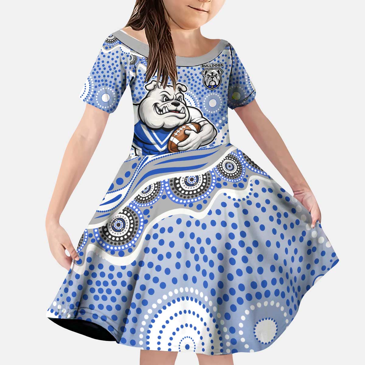 Canterbury-Bankstown Bulldogs Kid Short Sleeve Dress Aboriginal Dot Pattern - Rugby Mascot Heritage Pride