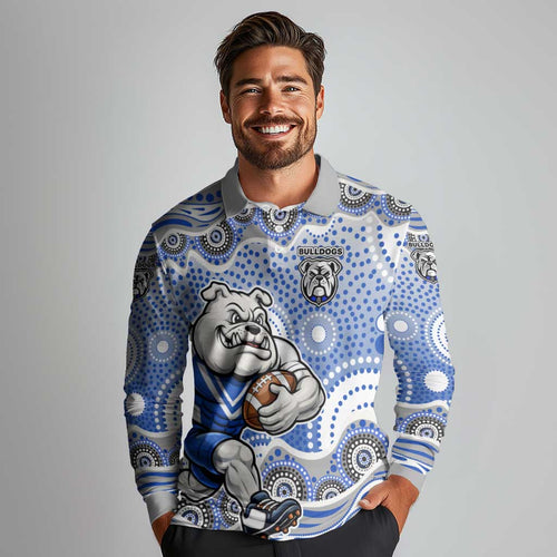 Canterbury-Bankstown Bulldogs Long Sleeve Polo Shirt Aboriginal Dot Pattern - Rugby Mascot Heritage Pride