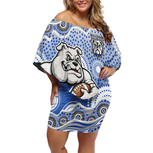 Canterbury-Bankstown Bulldogs Off Shoulder Short Dress Aboriginal Dot Pattern - Rugby Mascot Heritage Pride