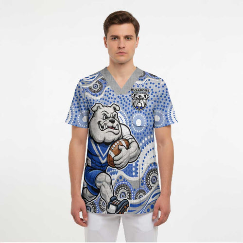 Canterbury-Bankstown Bulldogs Scrub Top Aboriginal Dot Pattern - Rugby Mascot Heritage Pride