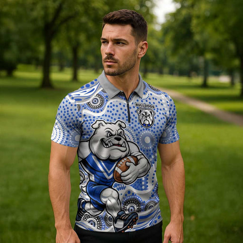 Canterbury-Bankstown Bulldogs Zipper Polo Shirt Aboriginal Dot Pattern - Rugby Mascot Heritage Pride