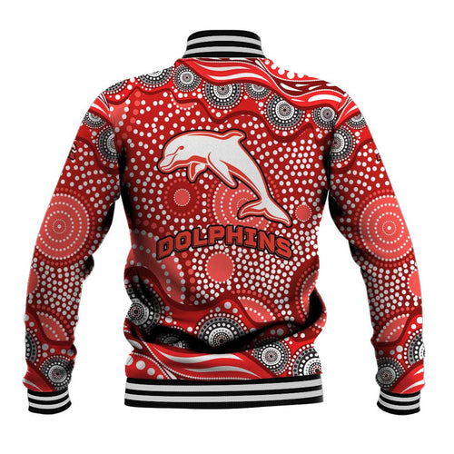 Dolphins Baseball Jacket Aboriginal Dot Pattern - Rugby Mascot Heritage Pride