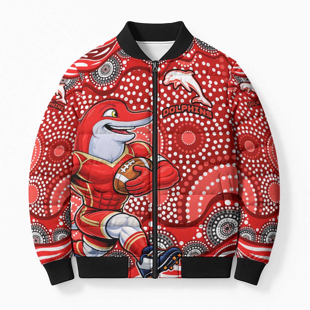 Dolphins Bomber Puffer Jacket Aboriginal Dot Pattern - Rugby Mascot Heritage Pride