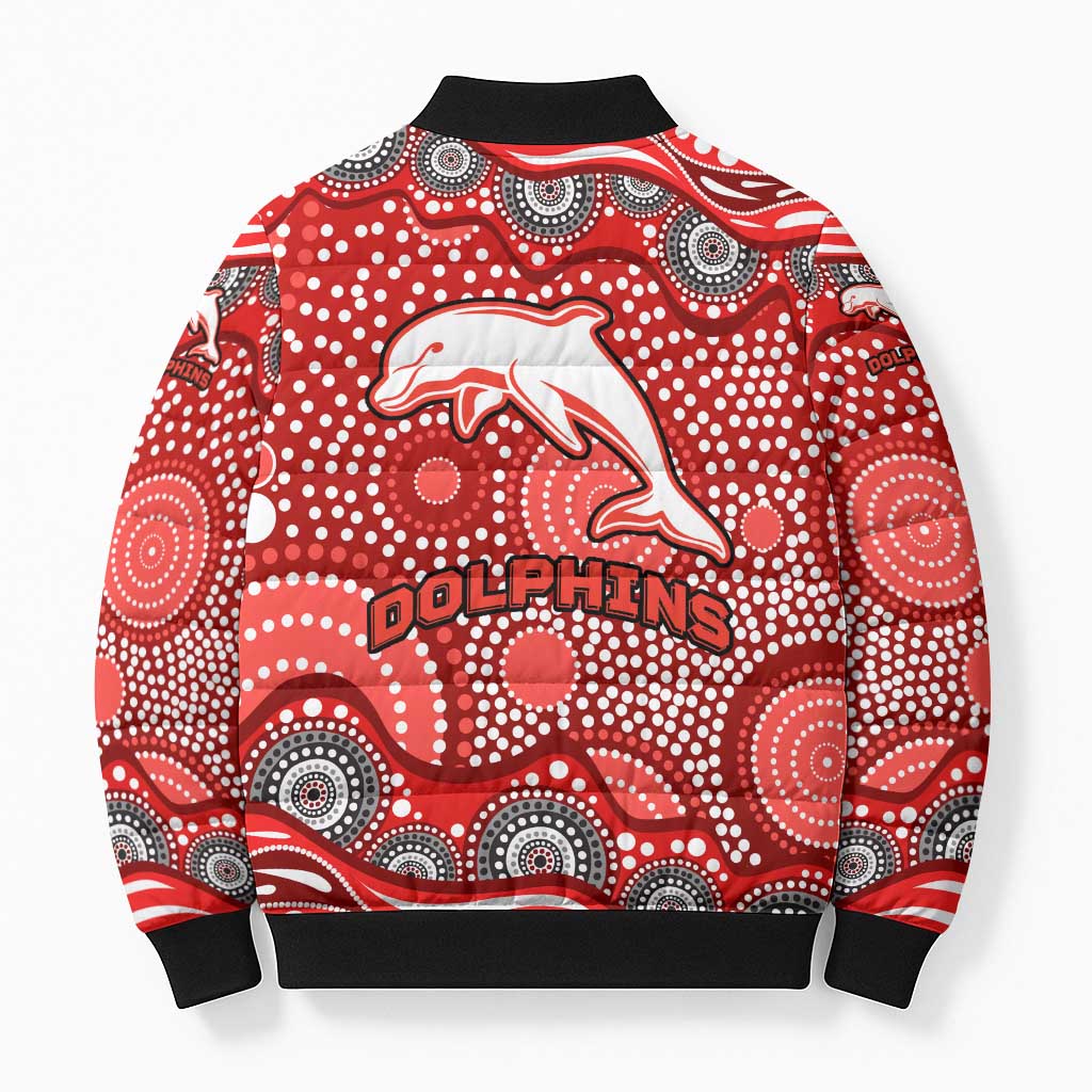Dolphins Bomber Puffer Jacket Aboriginal Dot Pattern - Rugby Mascot Heritage Pride