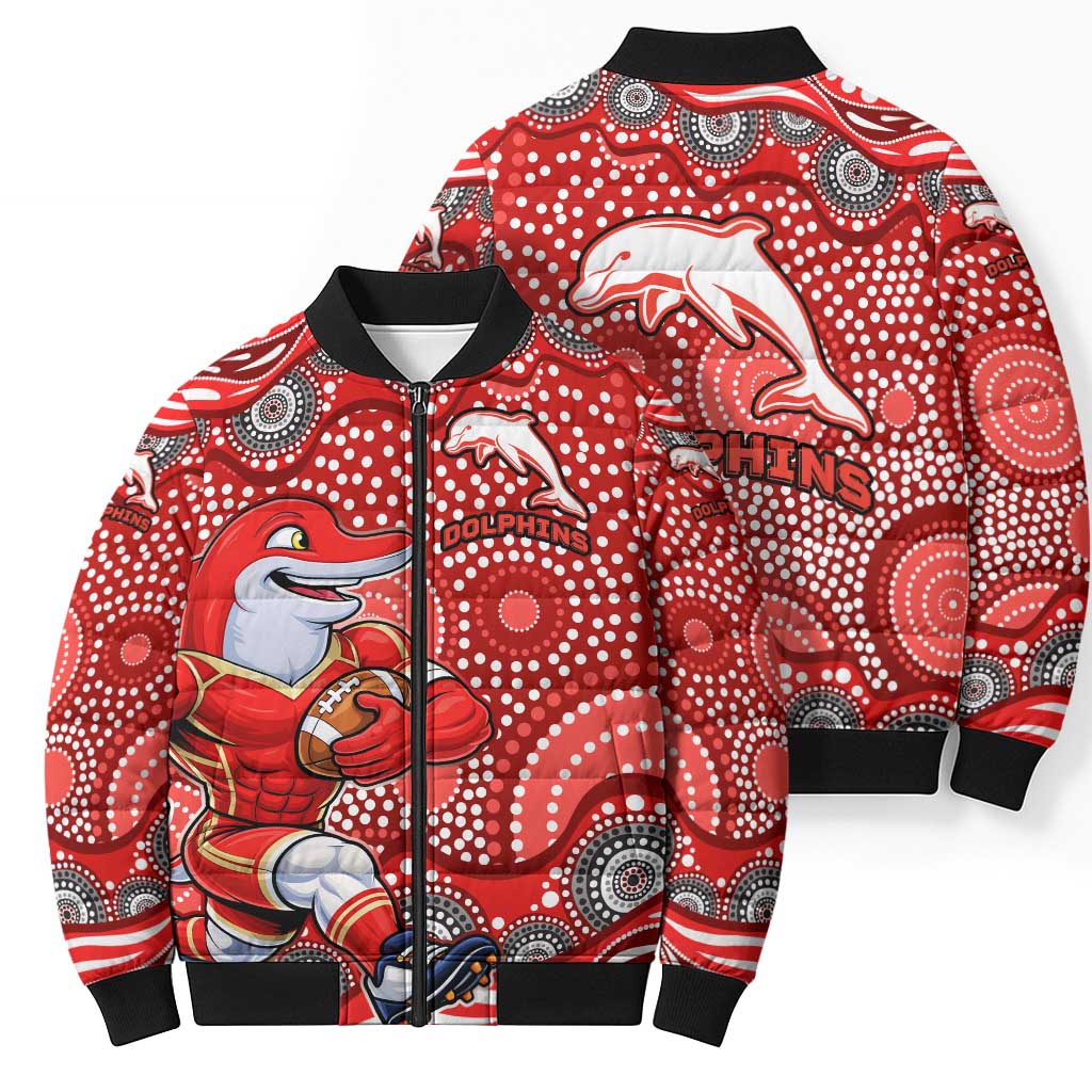 Dolphins Bomber Puffer Jacket Aboriginal Dot Pattern - Rugby Mascot Heritage Pride