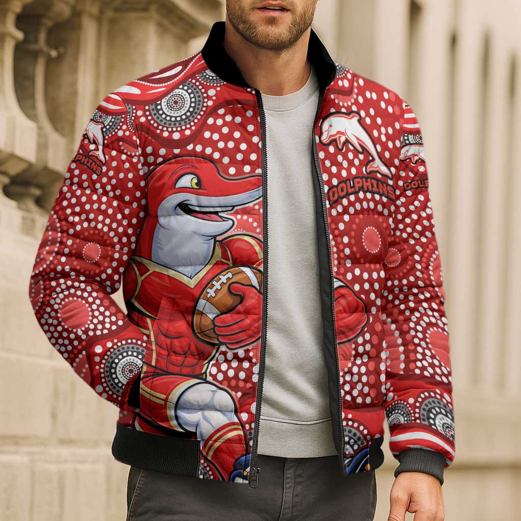 Dolphins Bomber Puffer Jacket Aboriginal Dot Pattern - Rugby Mascot Heritage Pride