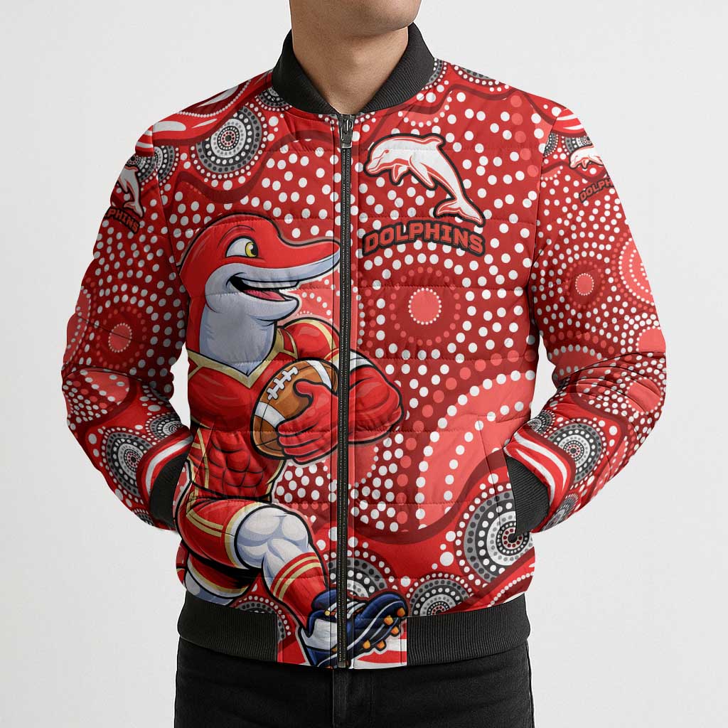 Dolphins Bomber Puffer Jacket Aboriginal Dot Pattern - Rugby Mascot Heritage Pride