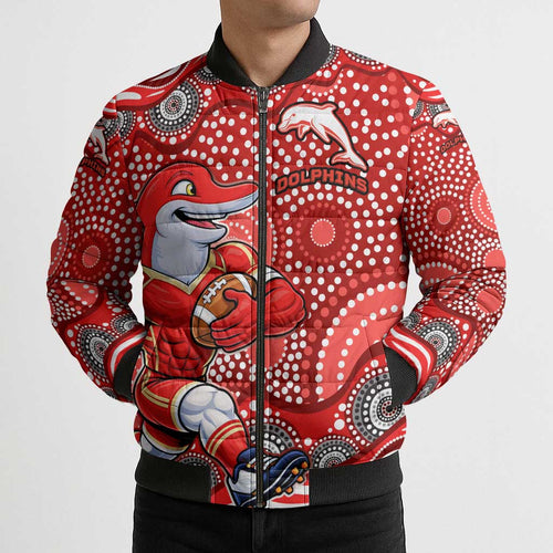 Dolphins Bomber Puffer Jacket Aboriginal Dot Pattern - Rugby Mascot Heritage Pride