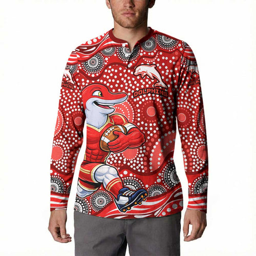 Dolphins Button Sweatshirt Aboriginal Dot Pattern - Rugby Mascot Heritage Pride