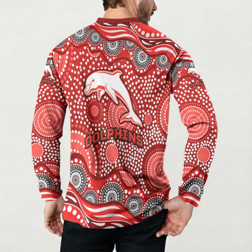 Dolphins Button Sweatshirt Aboriginal Dot Pattern - Rugby Mascot Heritage Pride