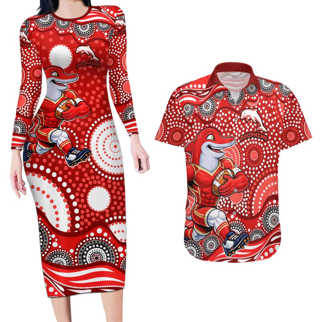 Dolphins Couples Matching Long Sleeve Bodycon Dress and Hawaiian Shirt Aboriginal Dot Pattern - Rugby Mascot Heritage Pride