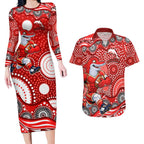 Dolphins Couples Matching Long Sleeve Bodycon Dress and Hawaiian Shirt Aboriginal Dot Pattern - Rugby Mascot Heritage Pride