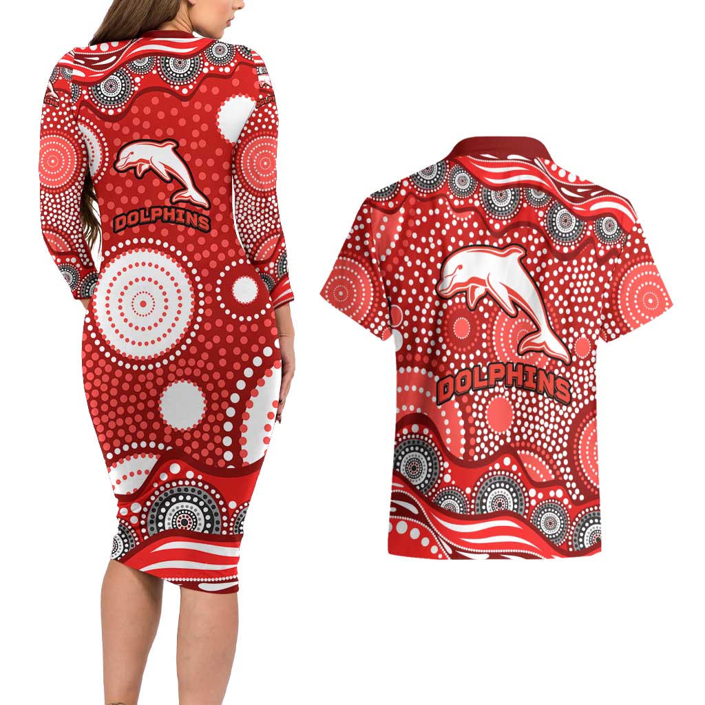 Dolphins Couples Matching Long Sleeve Bodycon Dress and Hawaiian Shirt Aboriginal Dot Pattern - Rugby Mascot Heritage Pride