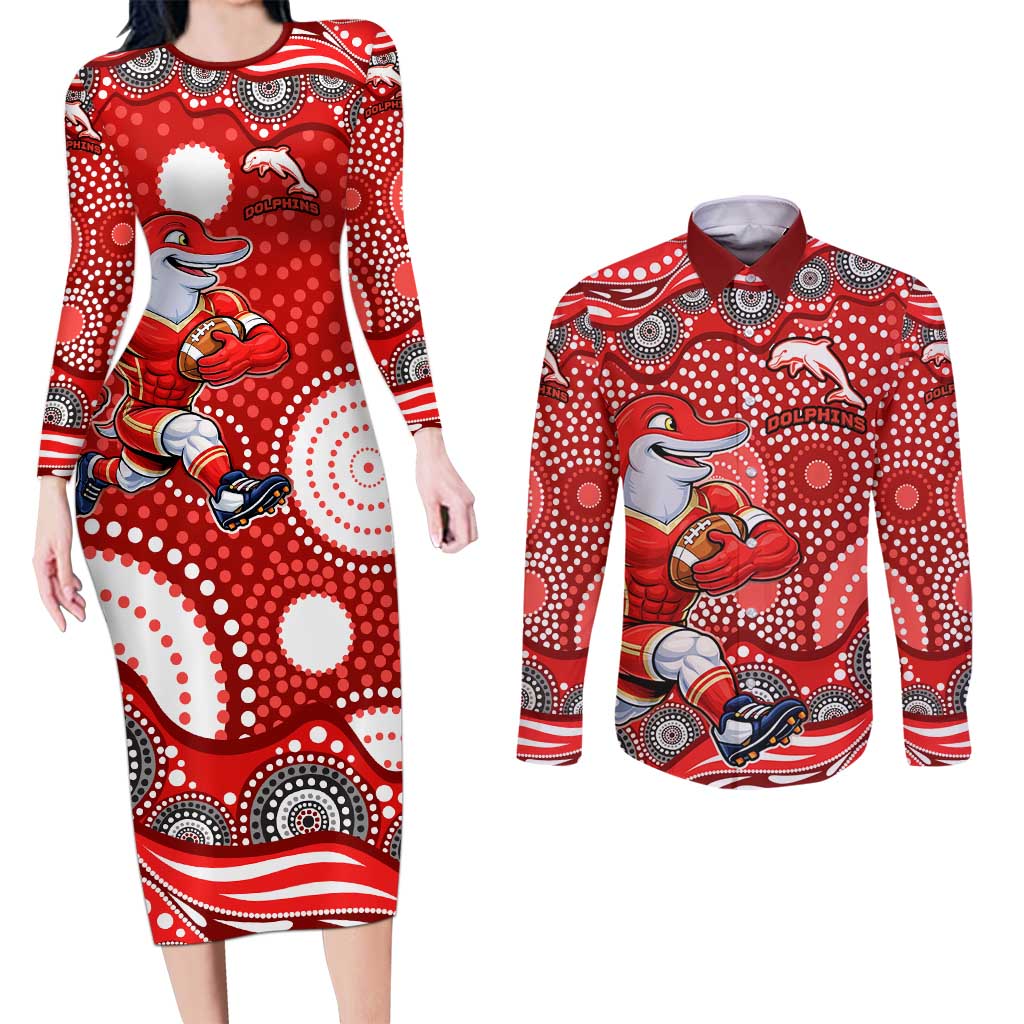 Dolphins Couples Matching Long Sleeve Bodycon Dress and Long Sleeve Button Shirt Aboriginal Dot Pattern - Rugby Mascot Heritage Pride