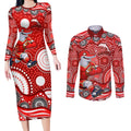 Dolphins Couples Matching Long Sleeve Bodycon Dress and Long Sleeve Button Shirt Aboriginal Dot Pattern - Rugby Mascot Heritage Pride
