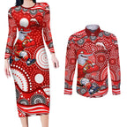 Dolphins Couples Matching Long Sleeve Bodycon Dress and Long Sleeve Button Shirt Aboriginal Dot Pattern - Rugby Mascot Heritage Pride