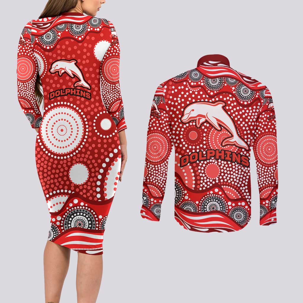 Dolphins Couples Matching Long Sleeve Bodycon Dress and Long Sleeve Button Shirt Aboriginal Dot Pattern - Rugby Mascot Heritage Pride