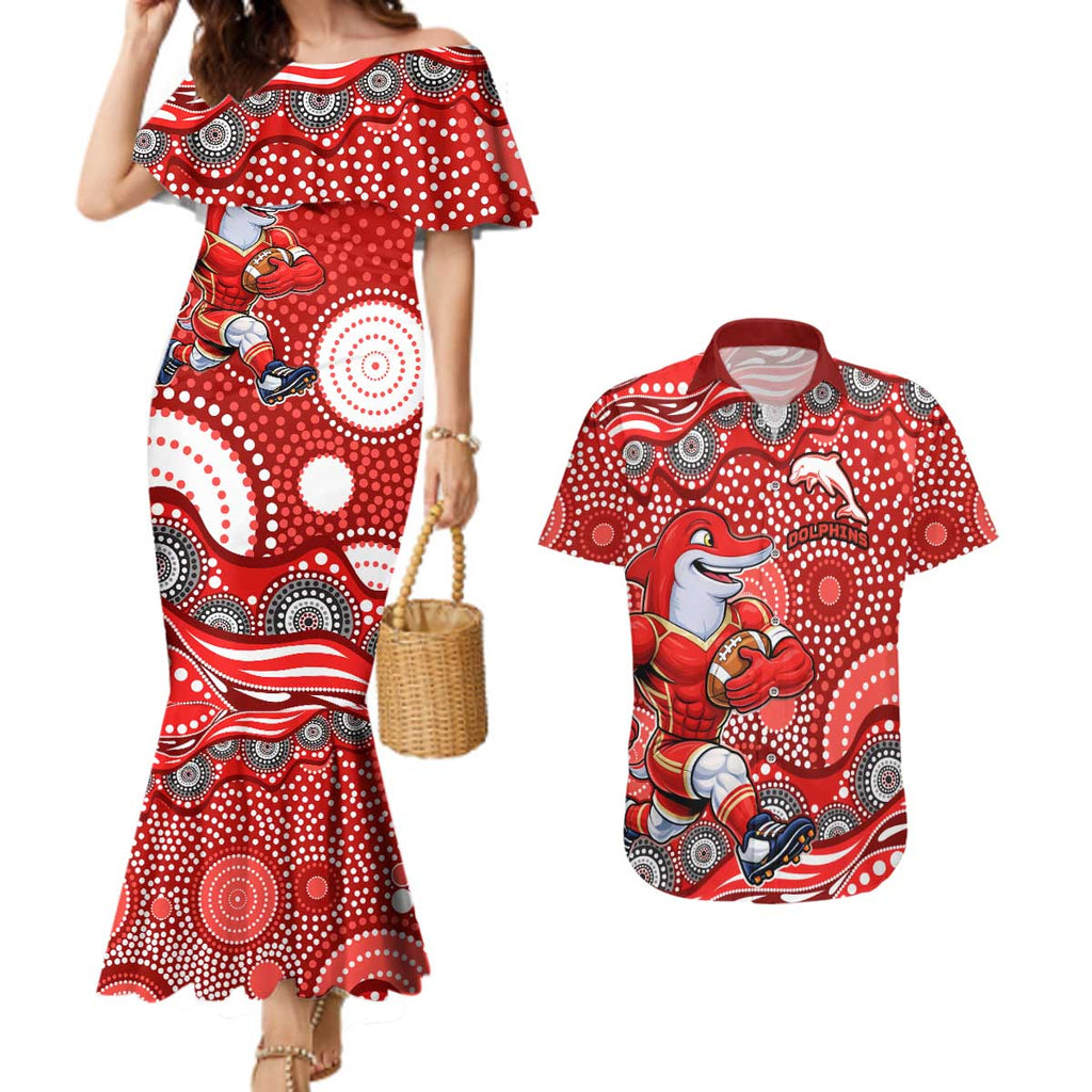 Dolphins Couples Matching Mermaid Dress and Hawaiian Shirt Aboriginal Dot Pattern - Rugby Mascot Heritage Pride