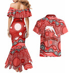 Dolphins Couples Matching Mermaid Dress and Hawaiian Shirt Aboriginal Dot Pattern - Rugby Mascot Heritage Pride