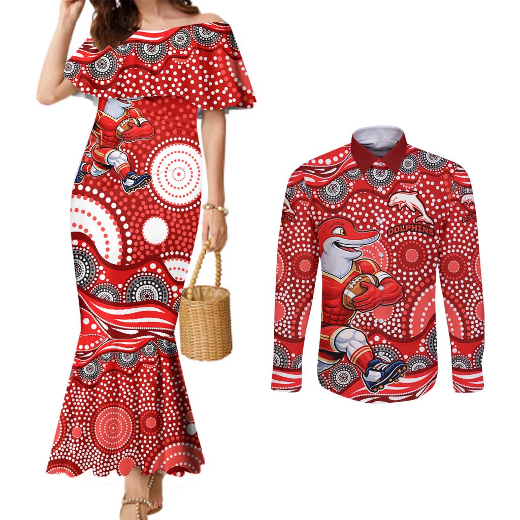 Dolphins Couples Matching Mermaid Dress and Long Sleeve Button Shirt Aboriginal Dot Pattern - Rugby Mascot Heritage Pride