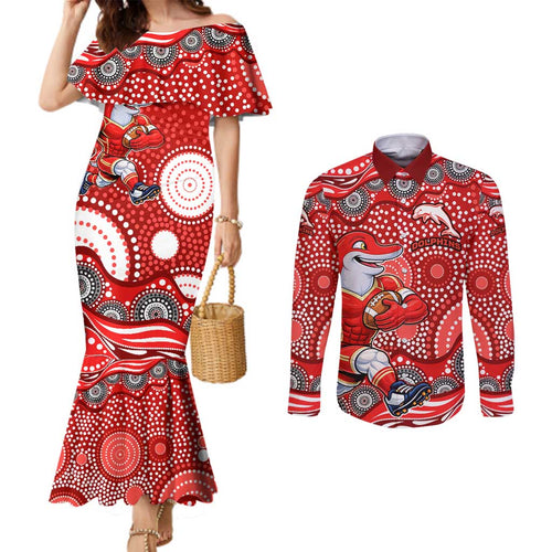 Dolphins Couples Matching Mermaid Dress and Long Sleeve Button Shirt Aboriginal Dot Pattern - Rugby Mascot Heritage Pride