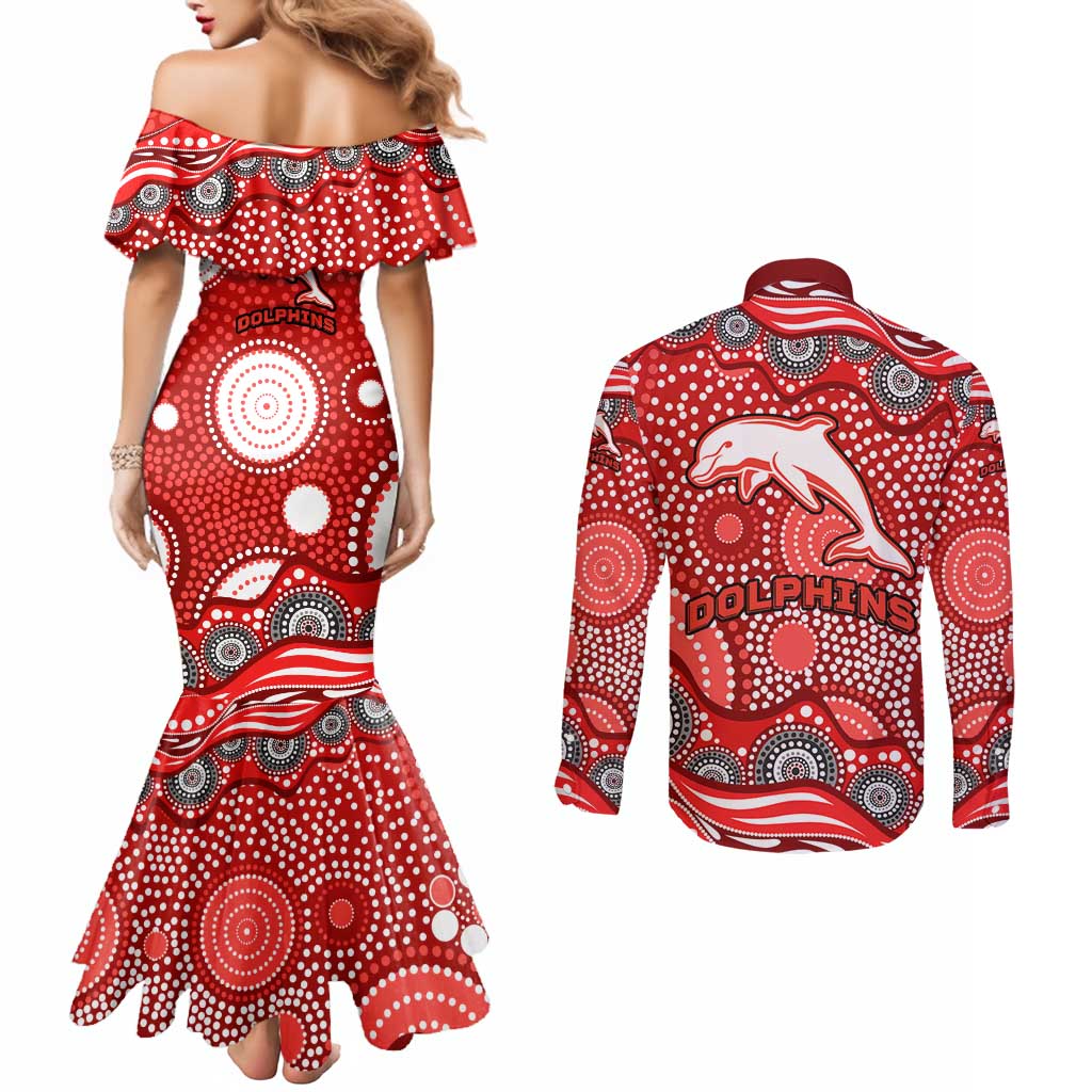 Dolphins Couples Matching Mermaid Dress and Long Sleeve Button Shirt Aboriginal Dot Pattern - Rugby Mascot Heritage Pride