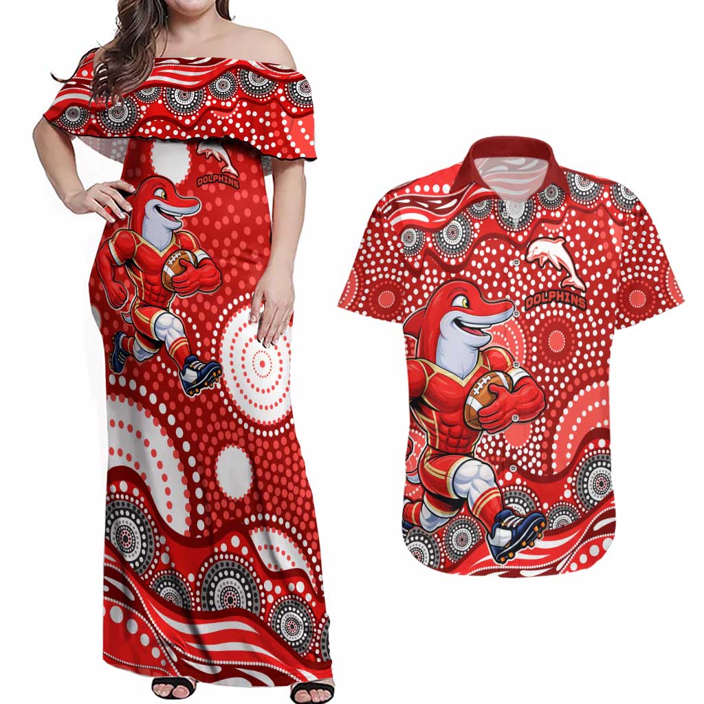 Dolphins Couples Matching Off Shoulder Maxi Dress and Hawaiian Shirt Aboriginal Dot Pattern - Rugby Mascot Heritage Pride