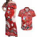 Dolphins Couples Matching Off Shoulder Maxi Dress and Hawaiian Shirt Aboriginal Dot Pattern - Rugby Mascot Heritage Pride