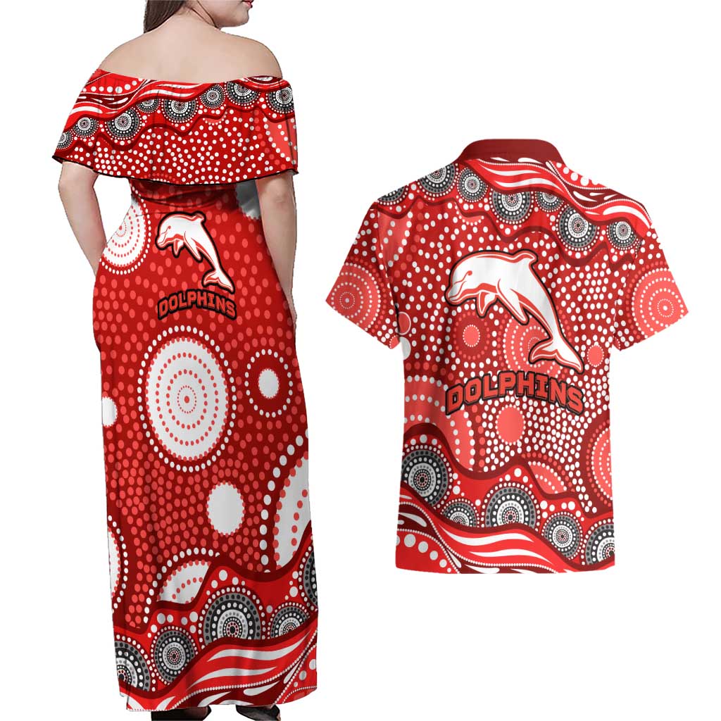 Dolphins Couples Matching Off Shoulder Maxi Dress and Hawaiian Shirt Aboriginal Dot Pattern - Rugby Mascot Heritage Pride