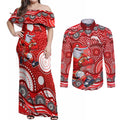 Dolphins Couples Matching Off Shoulder Maxi Dress and Long Sleeve Button Shirt Aboriginal Dot Pattern - Rugby Mascot Heritage Pride
