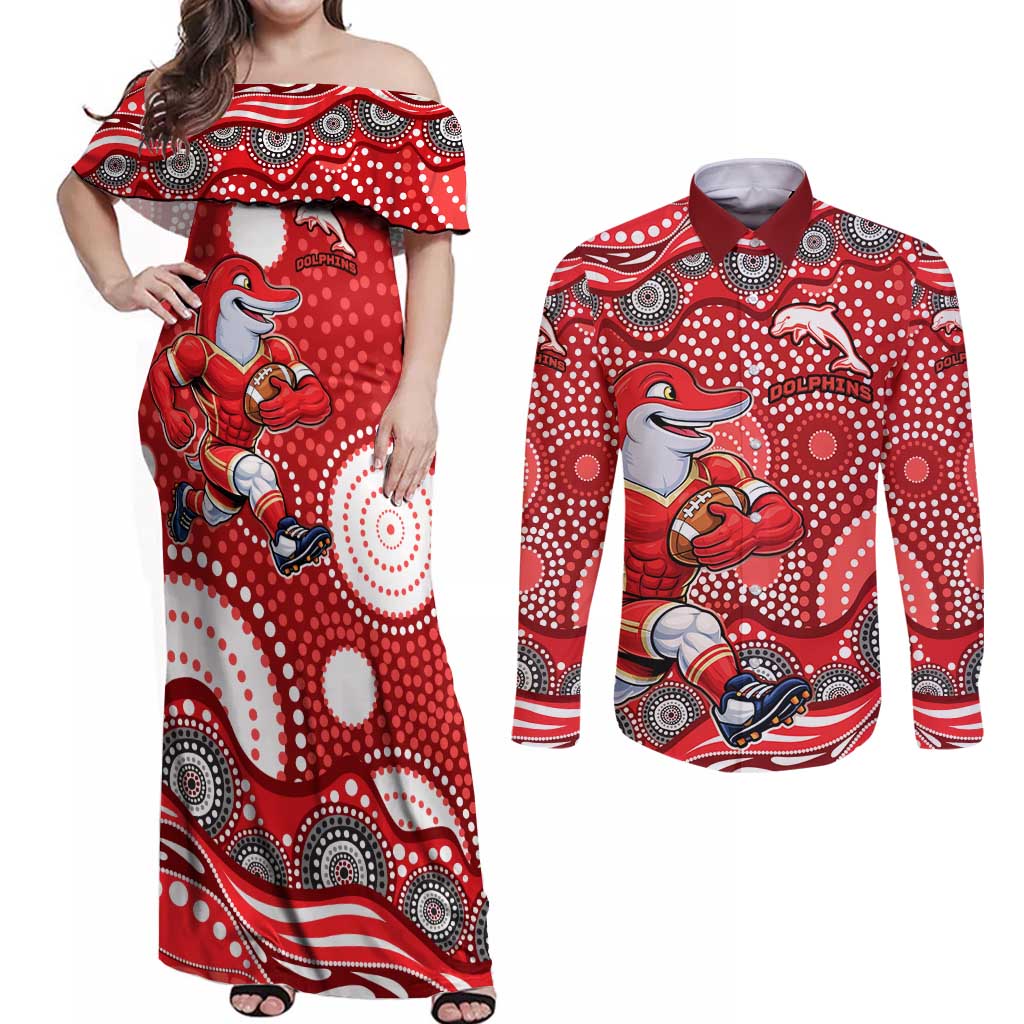Dolphins Couples Matching Off Shoulder Maxi Dress and Long Sleeve Button Shirt Aboriginal Dot Pattern - Rugby Mascot Heritage Pride