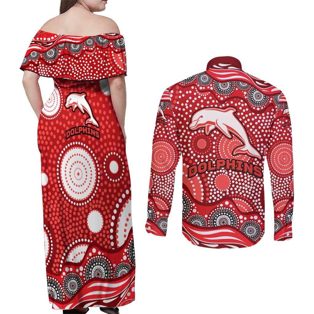 Dolphins Couples Matching Off Shoulder Maxi Dress and Long Sleeve Button Shirt Aboriginal Dot Pattern - Rugby Mascot Heritage Pride