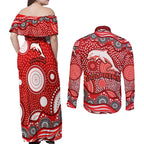 Dolphins Couples Matching Off Shoulder Maxi Dress and Long Sleeve Button Shirt Aboriginal Dot Pattern - Rugby Mascot Heritage Pride