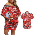 Dolphins Couples Matching Off Shoulder Short Dress and Hawaiian Shirt Aboriginal Dot Pattern - Rugby Mascot Heritage Pride