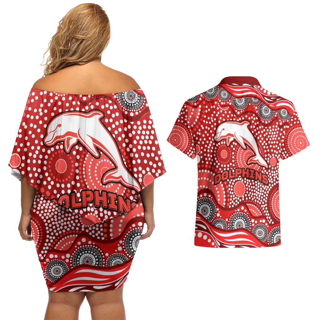 Dolphins Couples Matching Off Shoulder Short Dress and Hawaiian Shirt Aboriginal Dot Pattern - Rugby Mascot Heritage Pride