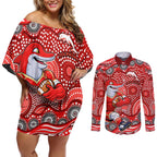 Dolphins Couples Matching Off Shoulder Short Dress and Long Sleeve Button Shirt Aboriginal Dot Pattern - Rugby Mascot Heritage Pride