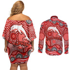 Dolphins Couples Matching Off Shoulder Short Dress and Long Sleeve Button Shirt Aboriginal Dot Pattern - Rugby Mascot Heritage Pride