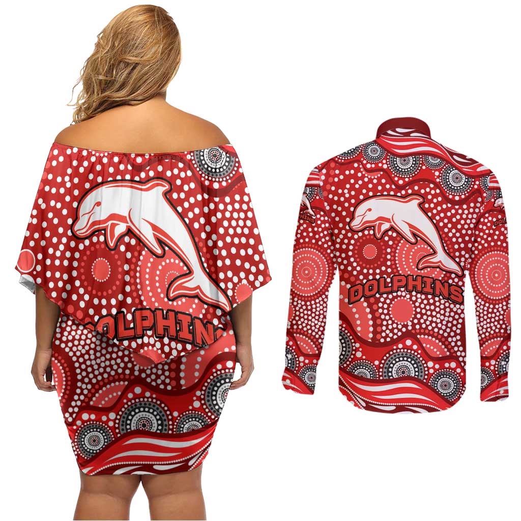 Dolphins Couples Matching Off Shoulder Short Dress and Long Sleeve Button Shirt Aboriginal Dot Pattern - Rugby Mascot Heritage Pride