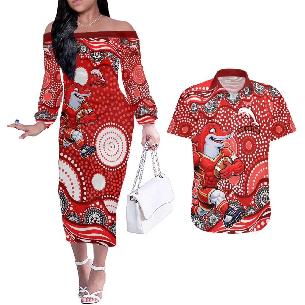 Dolphins Couples Matching Off The Shoulder Long Sleeve Dress and Hawaiian Shirt Aboriginal Dot Pattern - Rugby Mascot Heritage Pride