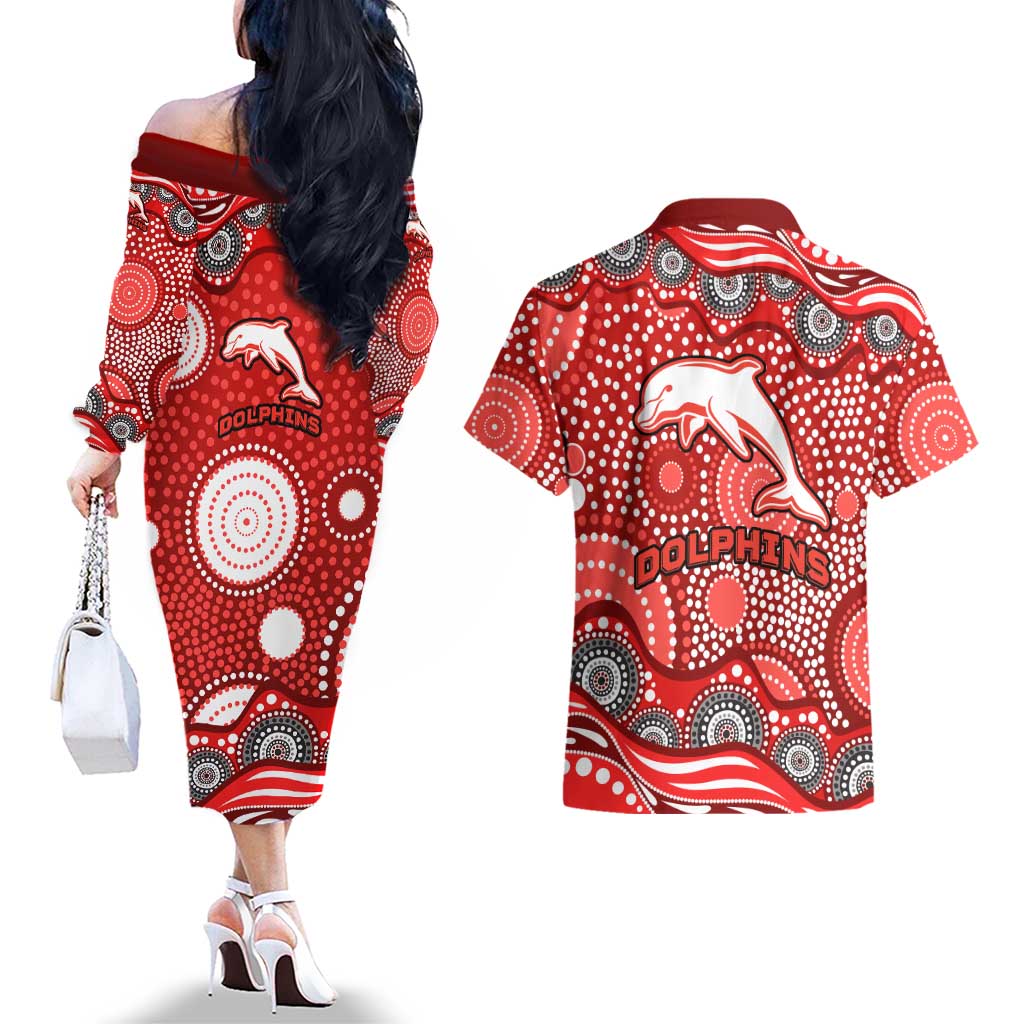 Dolphins Couples Matching Off The Shoulder Long Sleeve Dress and Hawaiian Shirt Aboriginal Dot Pattern - Rugby Mascot Heritage Pride