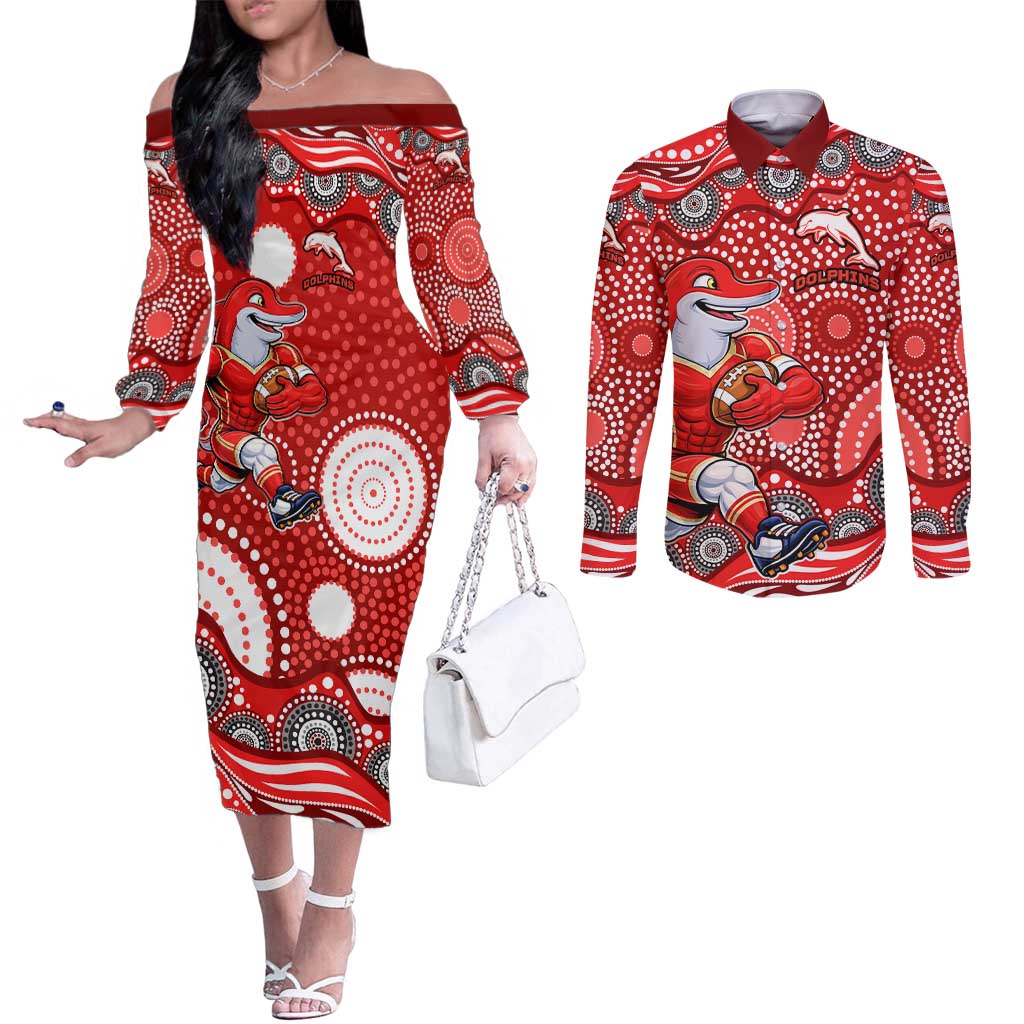 Dolphins Couples Matching Off The Shoulder Long Sleeve Dress and Long Sleeve Button Shirt Aboriginal Dot Pattern - Rugby Mascot Heritage Pride