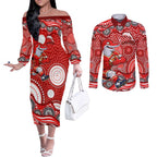Dolphins Couples Matching Off The Shoulder Long Sleeve Dress and Long Sleeve Button Shirt Aboriginal Dot Pattern - Rugby Mascot Heritage Pride