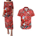 Dolphins Couples Matching Puletasi and Hawaiian Shirt Aboriginal Dot Pattern - Rugby Mascot Heritage Pride