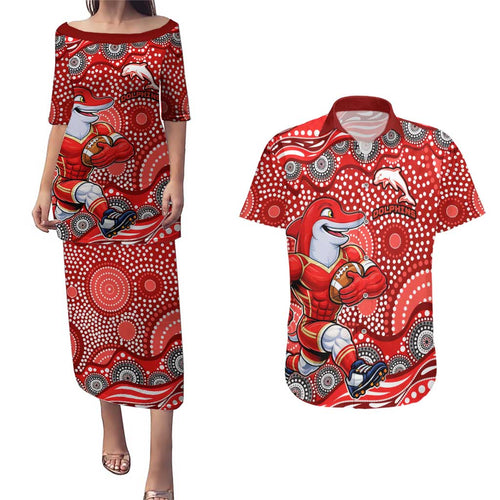 Dolphins Couples Matching Puletasi and Hawaiian Shirt Aboriginal Dot Pattern - Rugby Mascot Heritage Pride