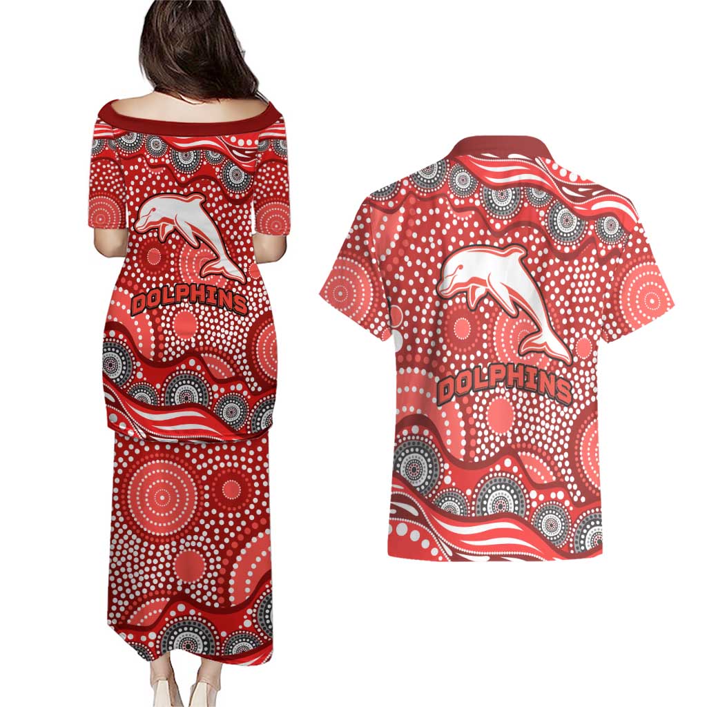 Dolphins Couples Matching Puletasi and Hawaiian Shirt Aboriginal Dot Pattern - Rugby Mascot Heritage Pride