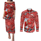 Dolphins Couples Matching Puletasi and Long Sleeve Button Shirt Aboriginal Dot Pattern - Rugby Mascot Heritage Pride